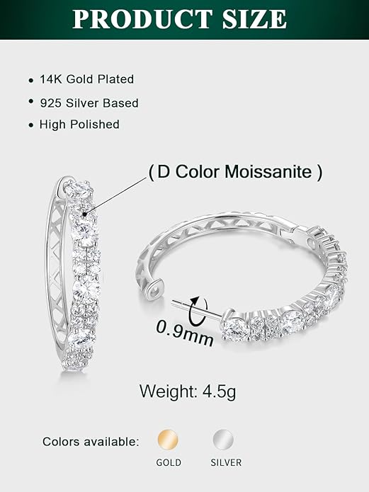 Women's Huggie Hoops with Birthstone 925 Sterling Silver Huggie Stud Hypoallergenic 14K Gold Plated Moissanite Earrings -Emerald Sapphire Ruby Hoop Earrings, Size 20 25mm