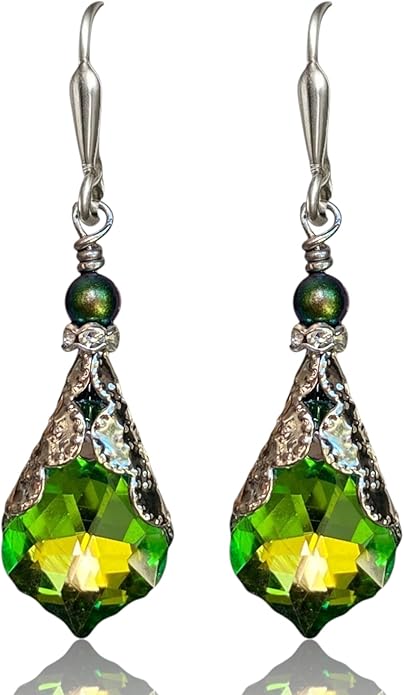 Antique Inspired Vintage Victorian Dangle Drop Earrings for Women - Colored Austrian Crystal Leverback Earrings - Jewelry Gift for Her