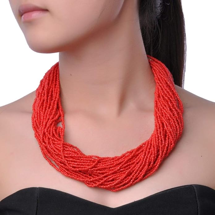 Fashion Multilayer Seed Bead Chain Choker Collar Necklace Earrings Set Cluster Strand Handmade Bib Statement Necklace