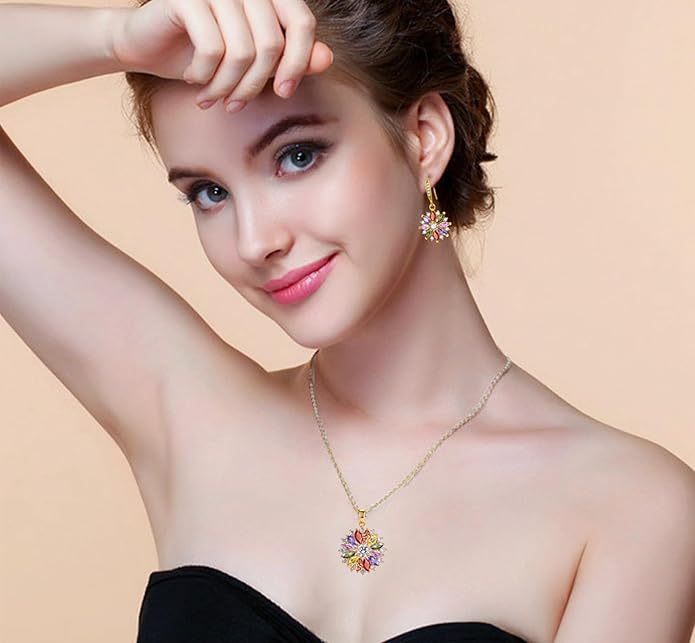 VONSSY Colorful Snowflake Pendant Necklace Earrings Rose Gold 5A Cubic Zirconia | Crystal Sweater Chain | Multi Gemstone Garnet Amethyst Morganite Peridot Prom Rhinestone Necklaces for Women Vintage Stylish Gift