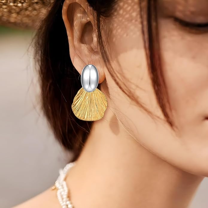 Gold Plated Earrings Dangle Chunky Fan-shaped Earrings Shell Earring for Women Two-Tone Fashion Statement Jewelry