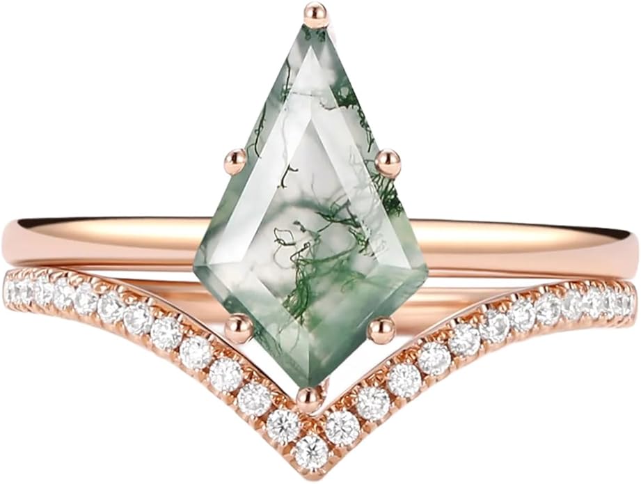 Natural Moss Agate Bridal Ring Set for Women 1CT Kite-cut Moss Agate Engagement Ring Set 925 Sterling Silver 10K 14K 18K Gold Classic Wedding Ring Set