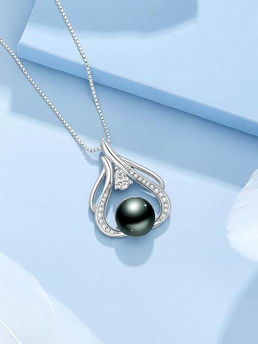 Tahitian Black Pearl 18K White Gold Plated Sterling Silver Heart/Infinity/Four Leaf Clover Pendant Necklace Jewelry Gifts for Women Wife Mom Girlfriend Wedding Birthday Anniversary Christmas