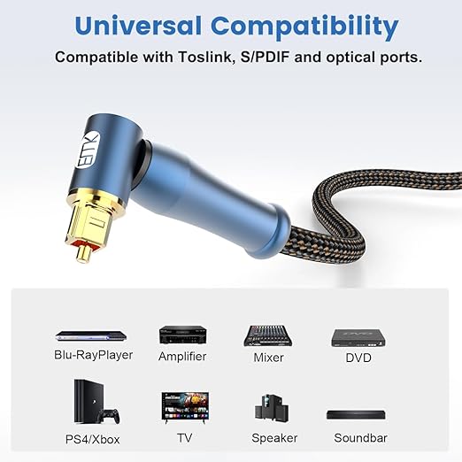 EMK 90 Degree Toslink Optical Cable 24K-Gold Connector 360 Degree Free-Rotating Plug Fiber Optic Cable S/PDIF Toslink Male to Male for Home Theater, Sound Bar, TV, PS4, Xbox (Blue,10ft/3m)