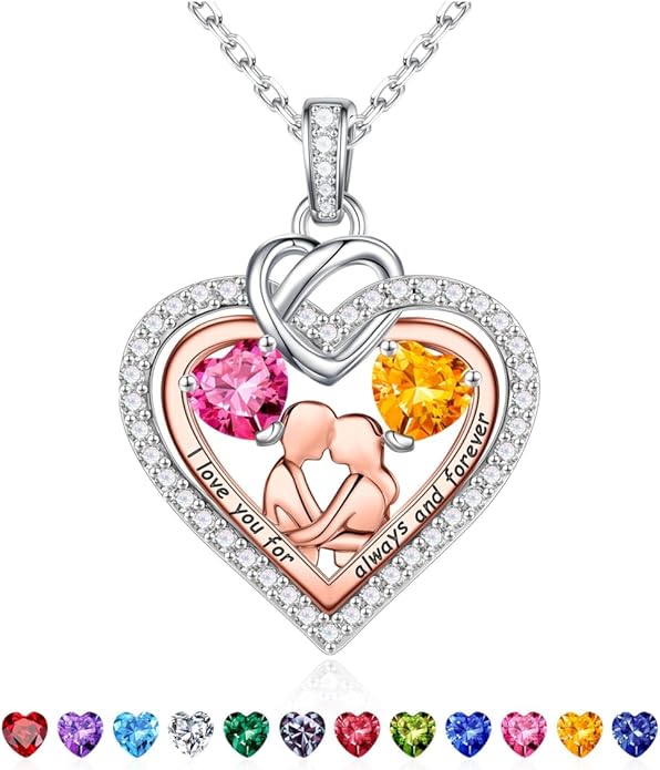 Iefil Valentines Day Gifts for Her - 925 Sterling Silver Double Heart Birthstone Necklace for Women, Anniversary Birthday Gifts for Wife I Love You Gift Couple Sitting Hugging Each Other Jewelry Gift
