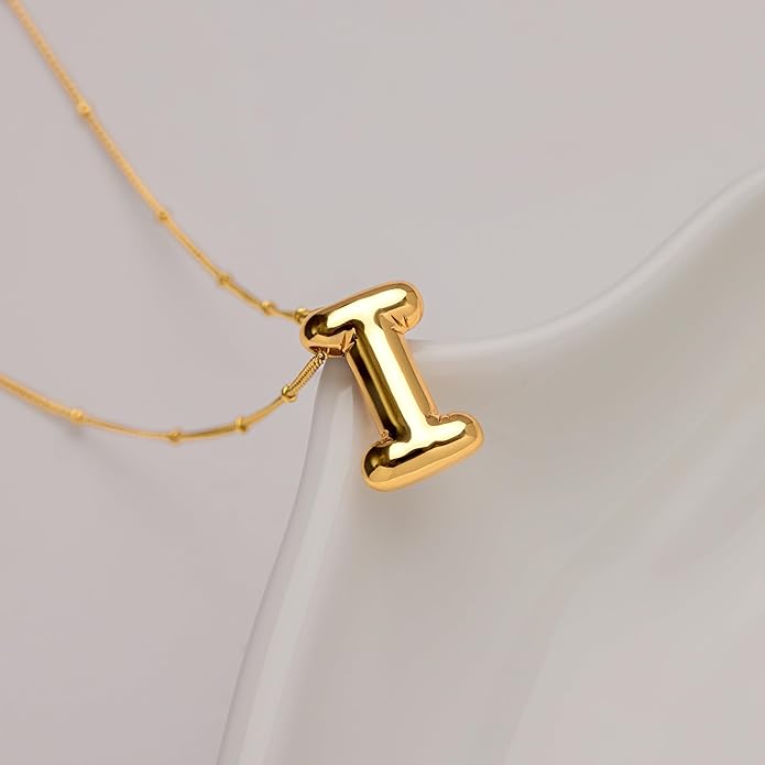 Inerney Valentines Day Gifts Gold Bubble Letter Necklace Initial Necklaces for Women, Chunky 14K Plated Balloon Initials, Trendy Charm Non Tarnish Custom Name Pendant Jewelry Gifts for Mom