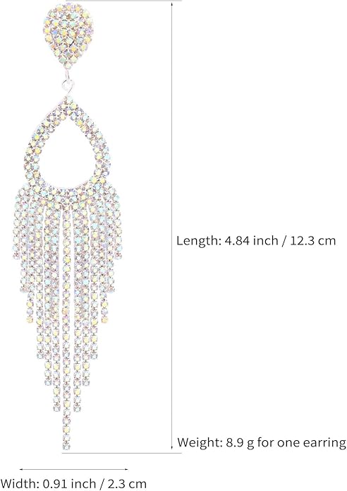 Rhinestone Teardrop with Long Tassel Earrings Sparkly Dangle Earrings for Women