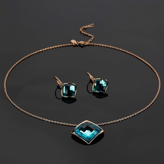 EVEVIC Square Austrian Crystal Necklace Earrings for Women Fashion 18K Gold Plated Hypoallergenic Jewelry Set