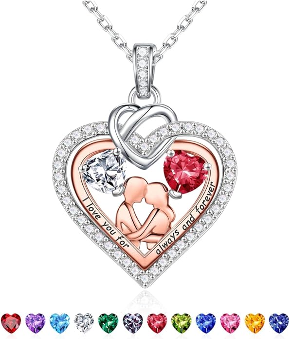 Iefil Valentines Day Gifts for Her - 925 Sterling Silver Double Heart Birthstone Necklace for Women, Anniversary Birthday Gifts for Wife I Love You Gift Couple Sitting Hugging Each Other Jewelry Gift