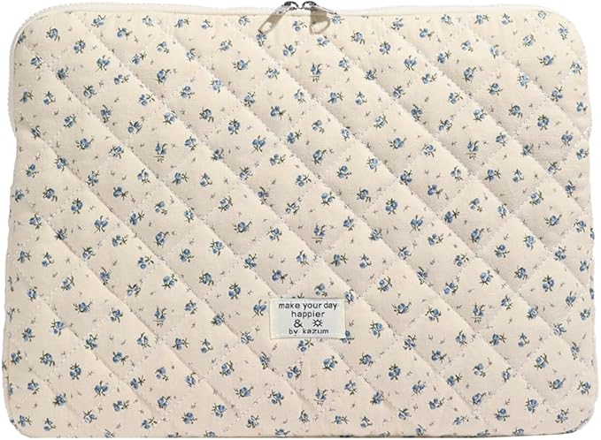Puffy Laptop Sleeve 13-15.6 Inch Cute Quilted Laptop Protective Case Padded Floral Computer Sleeve for MacBook (A-Blue, 15 Inch)