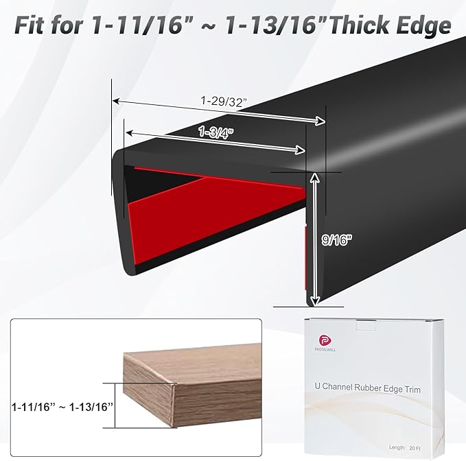 Rubber Edge Trim, 1-3/4 inch Wide U Channel Edge Trim, Big Size U Shaped Trim, Self Adhesive Edge Banding for Plywood, Woods, Doors, Shelf, Cabinet, Countertop, Length 20Ft, Black Gloss Finish