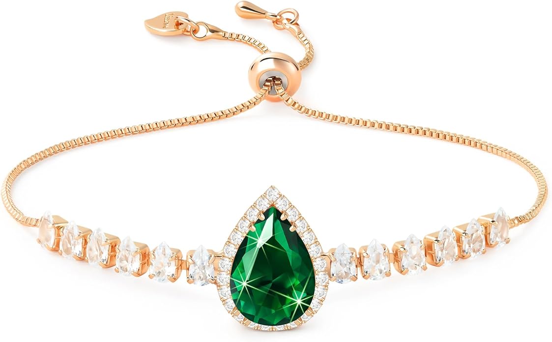 Linawe Crystal Imitation Diamond Rhinestone Charm Bracelets for Women, Gold/Silver/Rose Gold Adjustable Chain Bracelet, Teardrop Birthstone Cubic Zirconia Prom Costume Wedding Jewelry