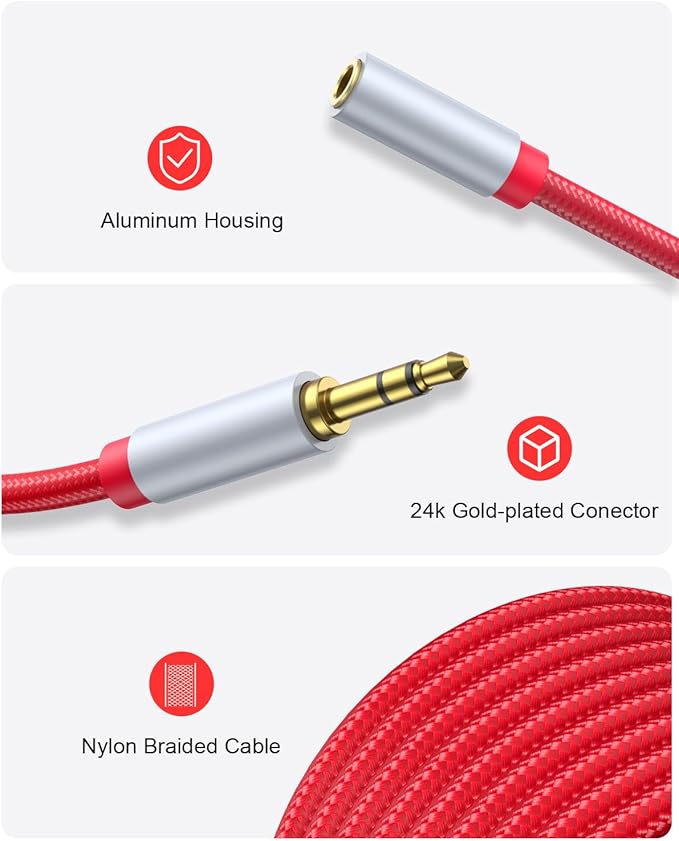 3.5mm Extension Cable 6.6ft - Headphone Extension Cable Nylon Braided Aux Cord Extender for Smartphones, Tablets, Media Players (No Mic Support) -Red