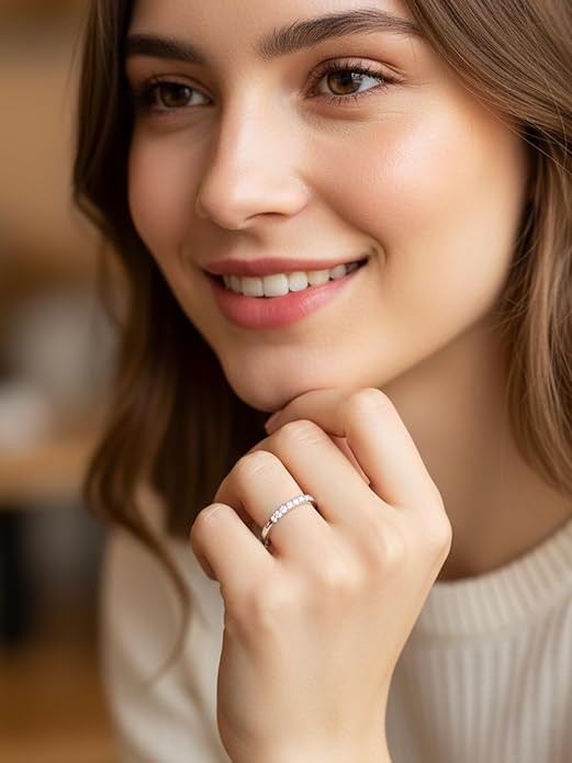 D Color VVS1 Clarity Moissanite Hand Setting Eternity Rings for Women, Solid 925 Sterling Silver Rhodium Finish, Stackable Ring, Wedding Birthday Valentines Anniversary Mothers Day Ideal Gift for Her