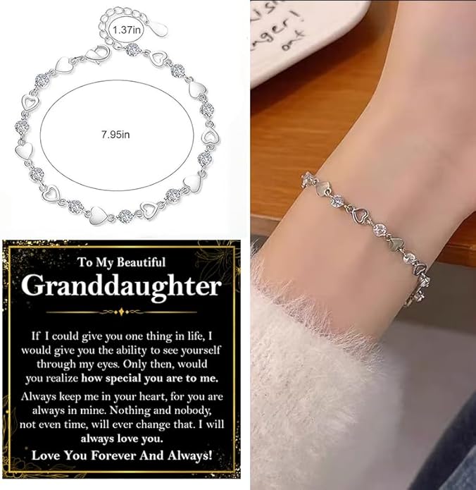 To My Granddaughter Bracelet from Grandma and Grandpa, Heart Chain Bracelet with Shiny Stones, Perfect Birthday or Graduation Christmas Gift for Granddaughter with Message Card and Gift Box
