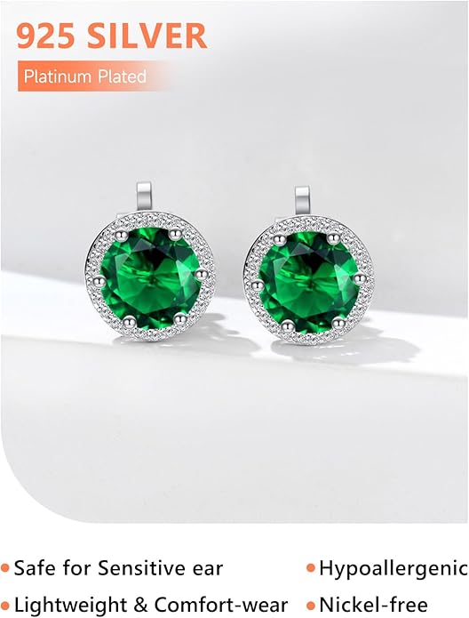 Silvora 925 Silver 8MM Cubic Zirconia Birthstone Clip On Stud Earrings Round Non Pierced Earrings For Women,Come with Box