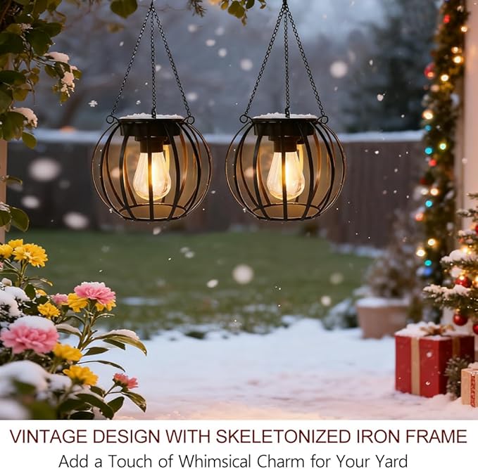 Bright Zeal 2-Pack 13" Black LED Solar Hanging Lanterns Garden - Auto On/Off Metal Lanterns for Trees with Iron Frame - Solar Lantern Hanging Garden Outdoor Lights Metal Waterproof LED