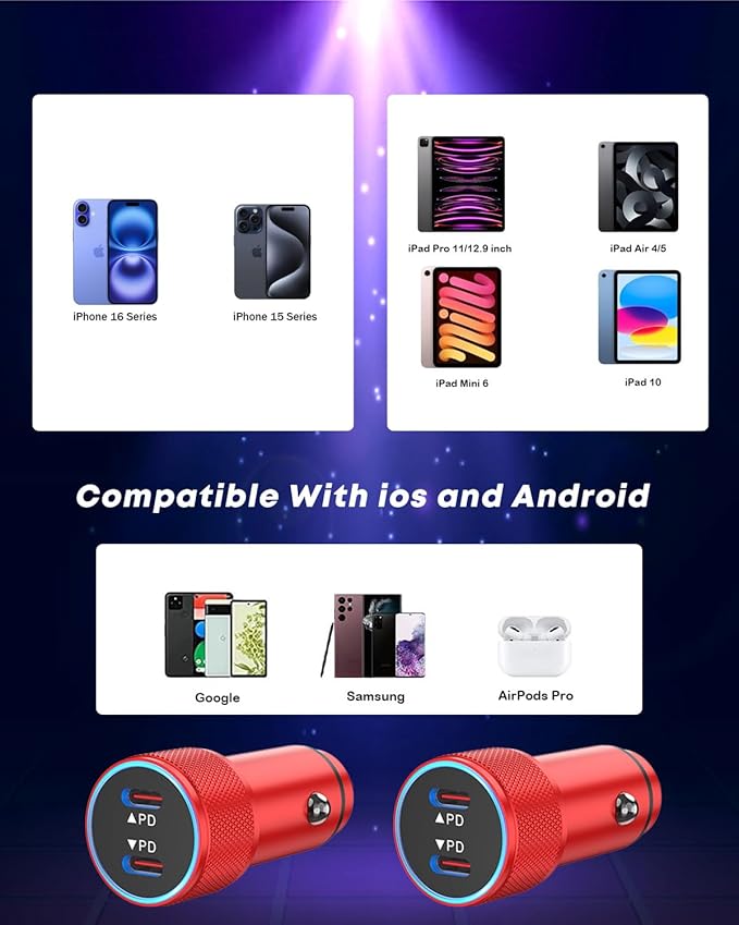 Fast Car Charger for iPhone 16,USB C Charging iPhone 2Pack Dual USB C Port Car Charger Block Cigarette Lighter Adapter Plug with Woven Braided USB C to USB C Cord for iPhone 16/16 Pro/15/iPad(Red)
