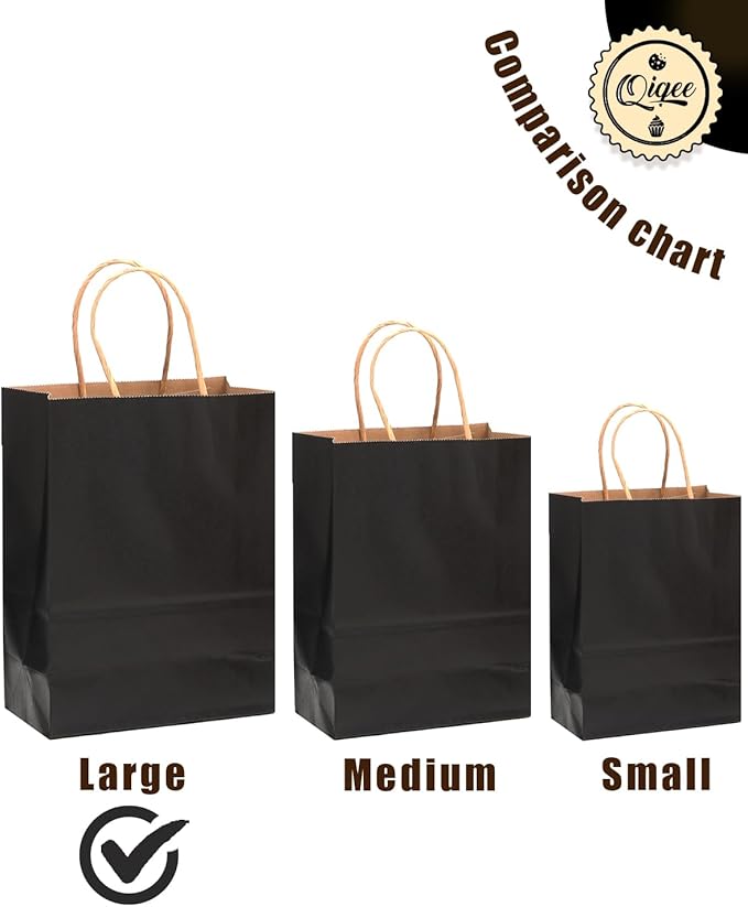 qiqee Large Kraft Paper Bags with Handles 13"x10"x5" 32 pcs Gift Paper Bag Black Solid Color Bags（Large Size）