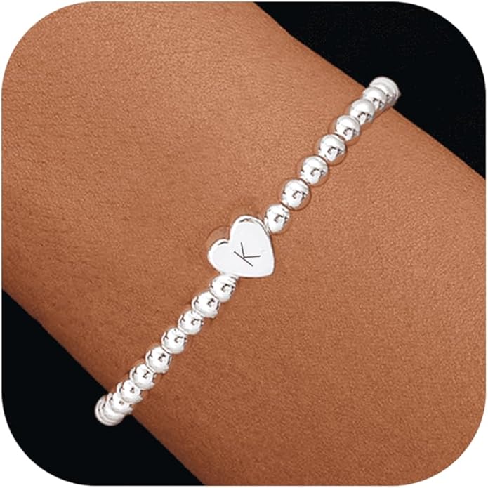 Valentines Day Gifts for Women Her - Dainty Beaded Heart Initial Bracelets Letter A-Z Charm Stretch Bead Ball Bracelet Trendy Jewelry Gifts