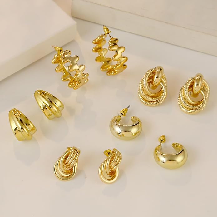 9 Pairs Chunky Gold Earrings Set for Women Trendy Lightweight Gold Plated Hoop Earrings Hypoallergenic Jewelry