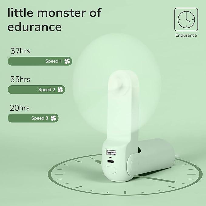 JISULIFE Handheld Fan with 4500 mAh Powerbank Max 37 Hours Runtime, Pocket Portable Battery Operated or USB Powered Folding Personal Fan, 3 Speeds, Gifts for Women Men Kids Gift for Festival-Green
