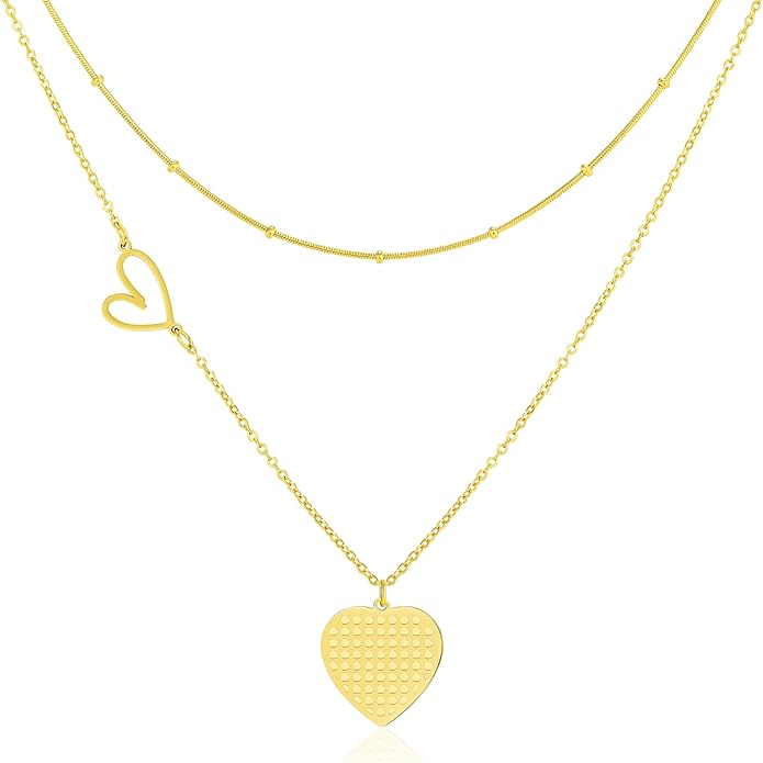 Linawe Layered Choker Heart Pendant Necklace for Women Trendy, Gold/Silver/Rose Gold Chain Stainless Steel Stacked Necklaces, Double Heart Necklace Y2K Preppy Jewelry