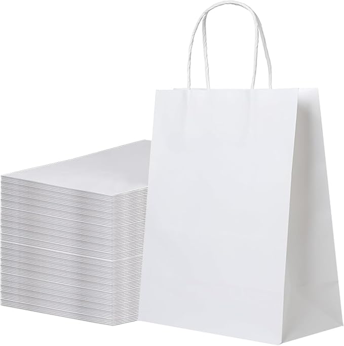 FACEBAG 100 Pcs White Gift Bags 8x4.25x10.5 With Handles - Shopping, Wedding, Party Favors, Grocery - Reusable & Durable Paper