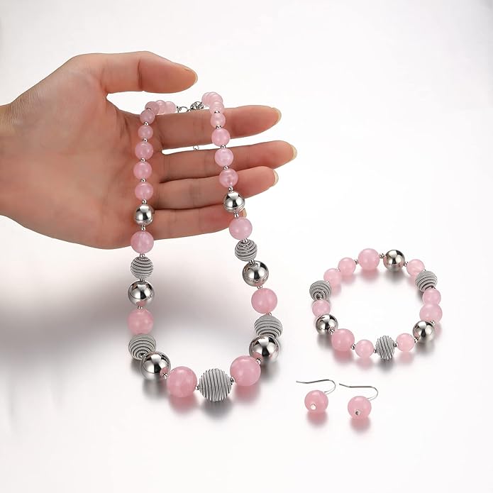 PEARL&CLUB Beaded Chunky Statement Necklace Earring and Bracelet Set Silver Metal Bead Fashion Jewelry Set Mothers’ Day Gifts for Women