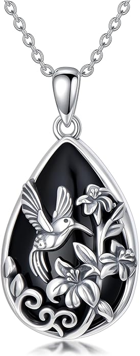 Black Onyx Necklace 925 Sterling Silver Flower Insect Pendant Teardrop Onyx Jewelry Valentines Day Birthday Gifts for Women