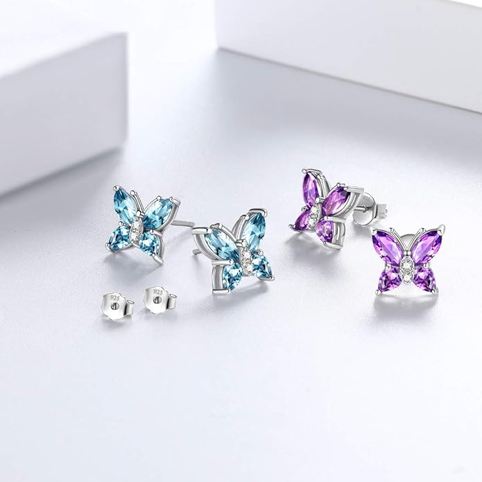 Aurora Tears Butterfly Jewelry,Women 925 Sterling Silver Butterflies Birthstone Pendant Necklace/Earrings/Rings Wedding Gift