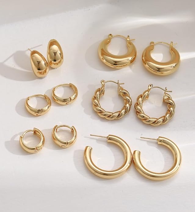 Chunky Gold Hoop Earrings for Women, 14K Gold Plated Lightweight Small Hoop Earrings Pack, Hypoallergenic Open Twisted Huggie Hoops Set Jewelry Gifts