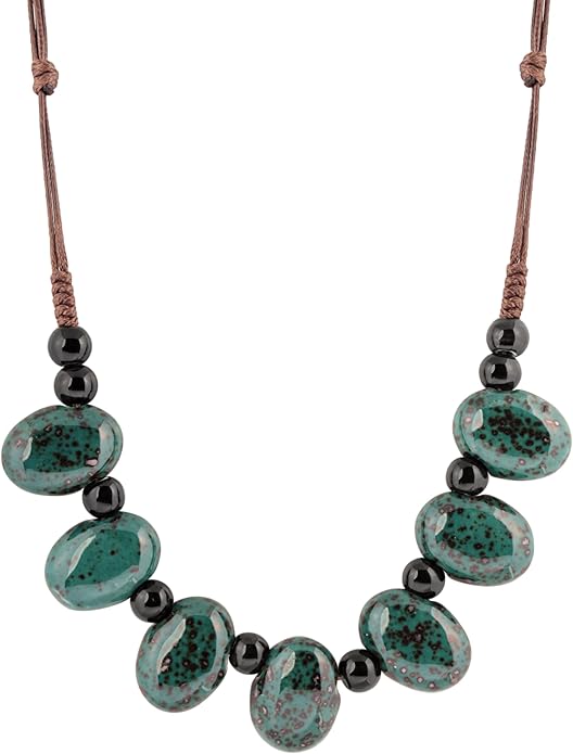MINACHI Bohemian Hippie Colorful Ceramic Geometric Bead Strand Necklace, Vintage Boho Statement Jewelry Gift for Women
