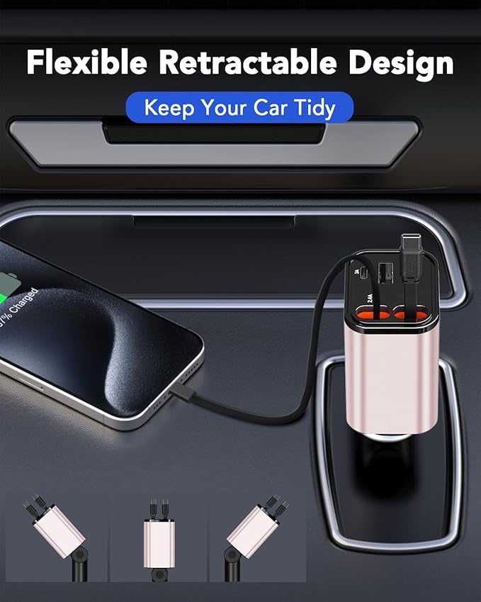 Retractable Car Charger, 4 in 1 Fast Car Phone Charger 69W, 2 Retractable Cables and 2 USB Port, Compatible with iPhone 16/15/14/13/12/11,Galaxy,Pixel
