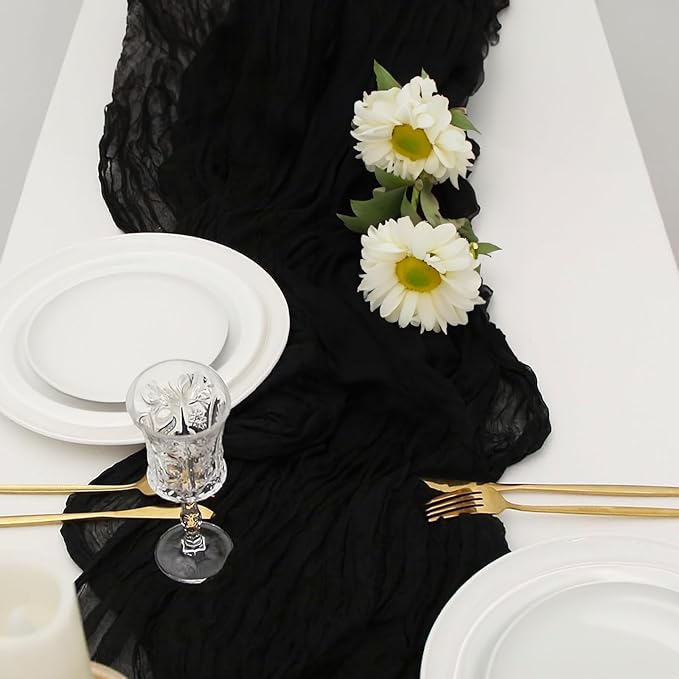 10 PCS Pack Black Cheesecloth Table Runner 10ft Boho Gauze Fabric Cheese Cloth Table Runner Comes with 10 Cloth Napkins Runner for Romantic Wedding Birthday Shower Party Table Decoration