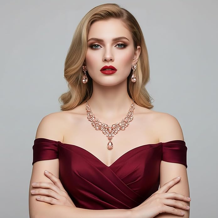 Hicarer Bridal Teardrop Cluster Crystal Jewelry Set for Women Necklace Earrings Wedding