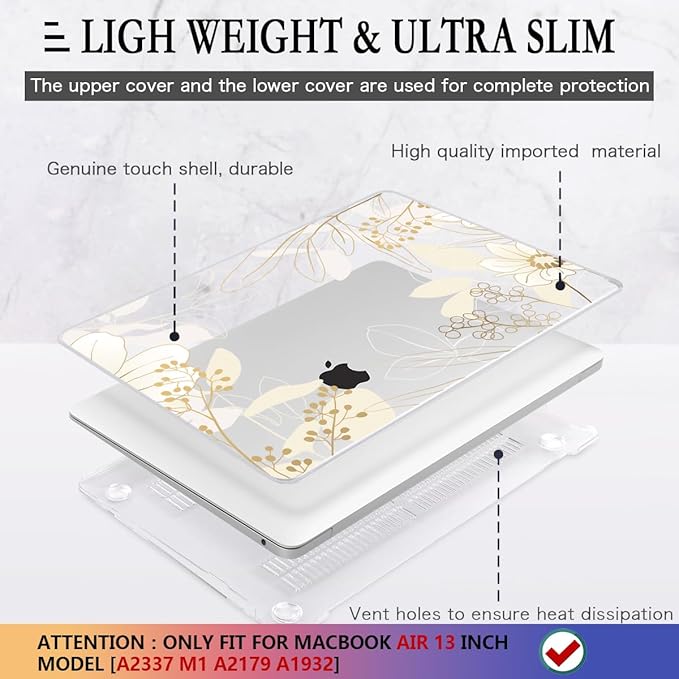 CISSOOK for MacBook Air 13 inch Case 2021 2020 2019 2018 Release Model A2337 A2179 A1932 with Retina Display +Touch ID, Plastic Hard Shell Case + Keyboard Cover for MacBook Air 13 M1, Golden Flowers