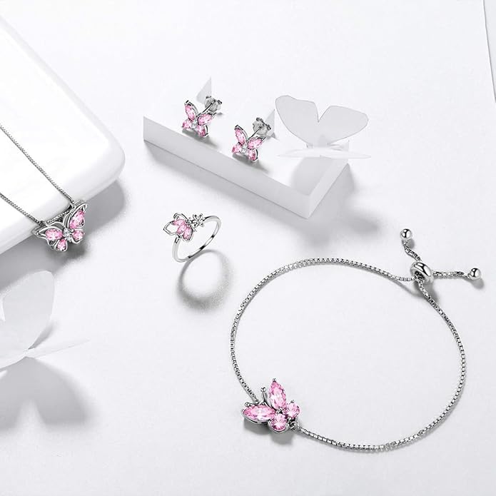 Aurora Tears Butterfly Jewelry,Women 925 Sterling Silver Butterflies Birthstone Pendant Necklace/Earrings/Rings Wedding Gift