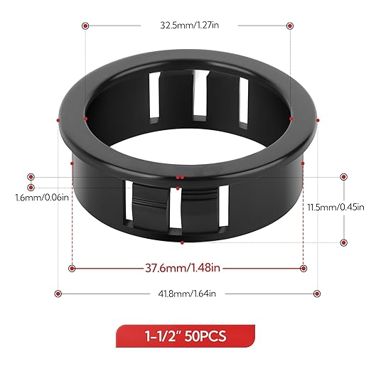 50PCS 1-1/2" Black Cable Snap Bushing Grommet, Snap in Cord Bushing Protect Cables