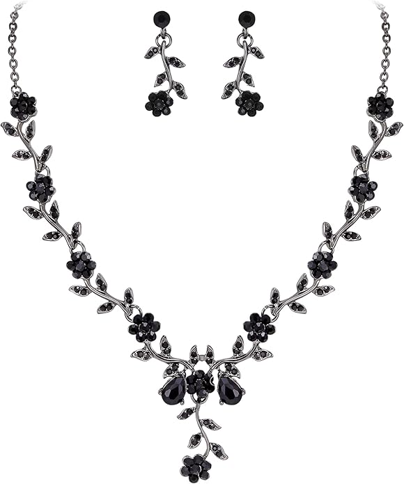 BriLove Women's Wedding Jewelry Leaf Cluster Flower Crystal Dangle Earrings Pendant Necklace Set for Bridal