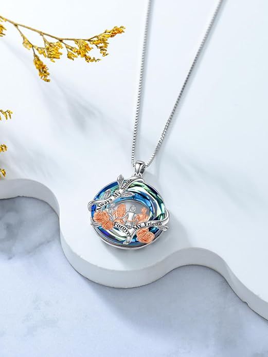 TOUPOP Sisters Gifts from Sister Necklace Sterling Silver Rose Flower with Crystal Jewelry Valentines Day Birthday Gifts for Women Best Friend Friendship