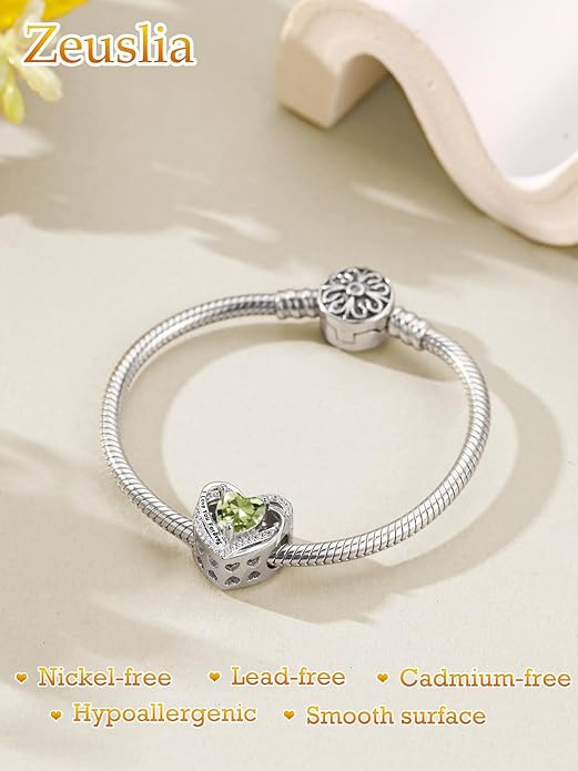 Heart Birthstone Charms for Bracelets, 925 Sterling Silver Women Bead Charms for Charm Bracelets Necklace, Mother's Day Birthday Anniversary Jewelry Gifts for Wife Mom Grandma Daughter