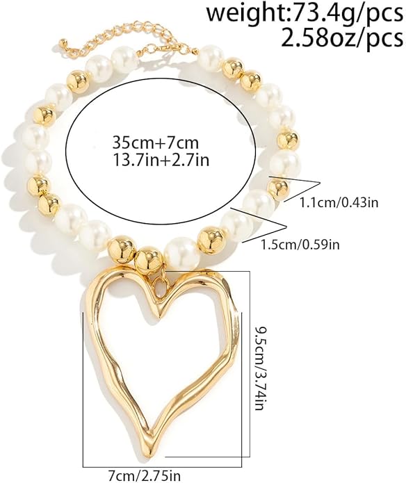 Y2k Large Heart Necklaces for Women Chunky Love Pearl Ball Beads Choker Necklaces Exaggerated Big Hollow Heart Pendant Necklace Statement Jewelry Gifts