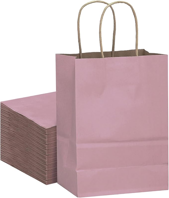 qiqee Large Kraft Paper Bags with Handles 13"x10"x5" 32 pcs Gift Paper Bag Pink Solid Color Bags（Large Size）