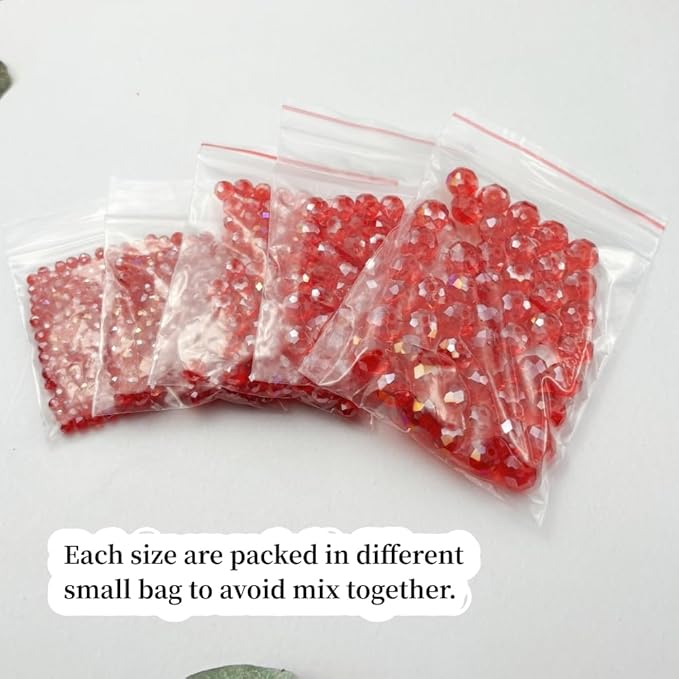 600pcs Crystal Glass Beads 3mm 4mm 6mm 8mm 10mm Rondelle Faceted Crystal Beads Spacer Beads for Necklace Bracelet Earrings DIY Jewelry Crafts Making Supplies(Red AB)