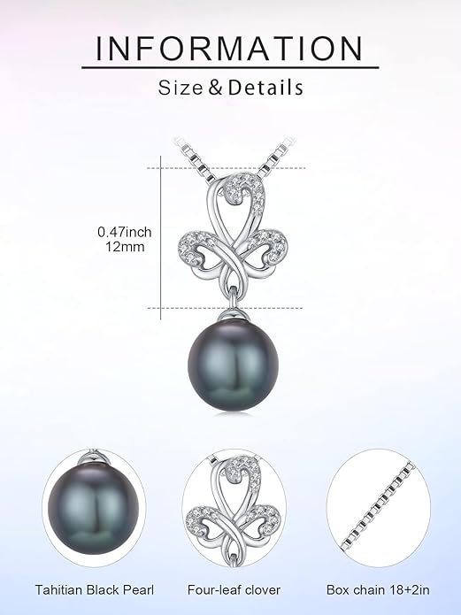 Tahitian Black Pearl 18K White Gold Plated Sterling Silver Heart/Infinity/Four Leaf Clover Pendant Necklace Jewelry Gifts for Women Wife Mom Girlfriend Wedding Birthday Anniversary Christmas