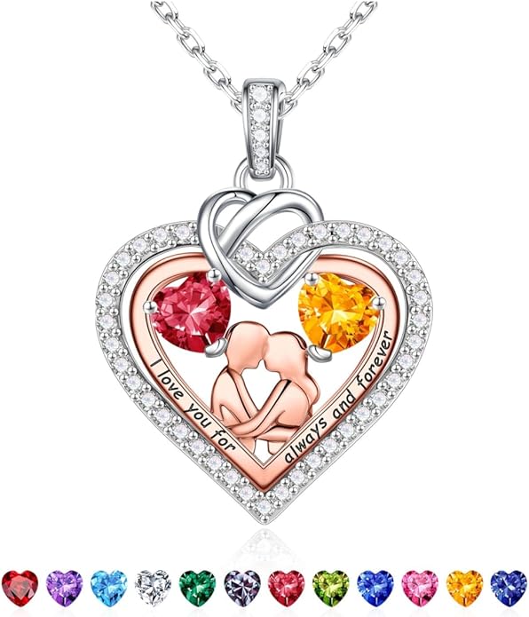 Iefil Valentines Day Gifts for Her - 925 Sterling Silver Double Heart Birthstone Necklace for Women, Anniversary Birthday Gifts for Wife I Love You Gift Couple Sitting Hugging Each Other Jewelry Gift