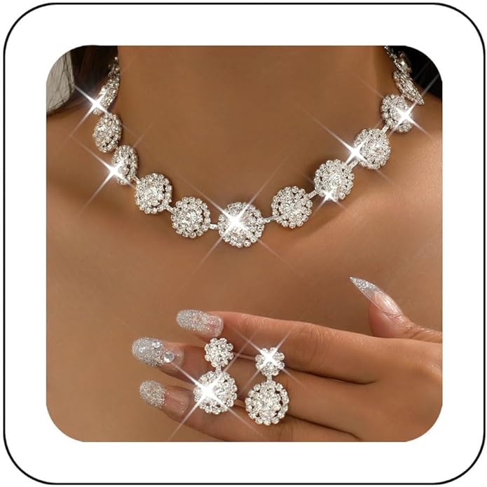 Unicra Bridal Wedding Jewelry Set Silver Rhinestone Necklace Earrings Sets Formal Costume Jewelry for Women and Brides
