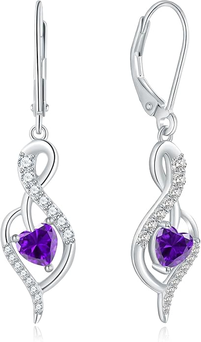 Infinity Heart Dangle Drop Earrings for Women, 925 Sterling Silver Birthstone Leverback Earrings, Birthday Anniversary Valentines Day Jewelry Gifts for Women Mom Her