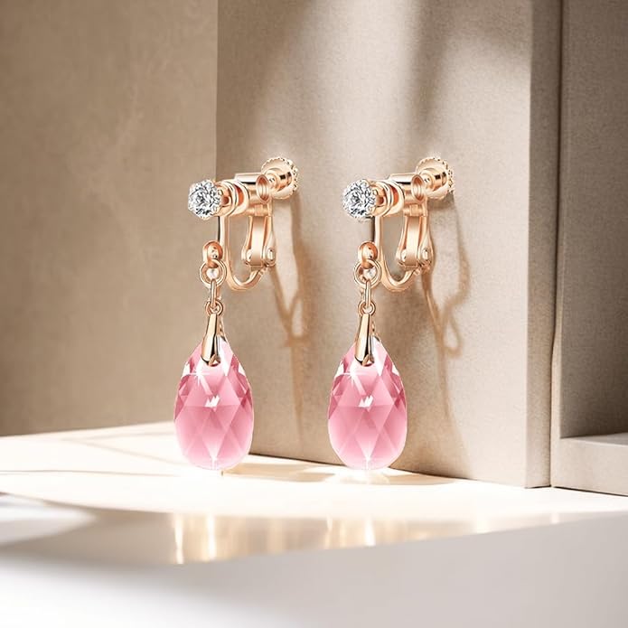 Teardrop Austrian Crystal Drop Clip On Dangle Earrings for Women Non Pierced 14K Rose Gold Plated Hypoallergenic Jewelry